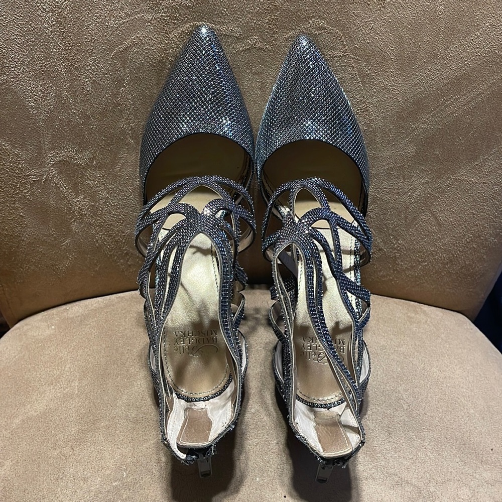 Belle Badgley Mischka Antique Glitter Strappy Zippered Heel Pump, Size 7 1/2